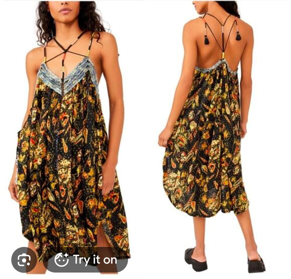 Free People Pappiet Midi Pink White Floral Boho VNeck Tiered Long Sleeve Dress